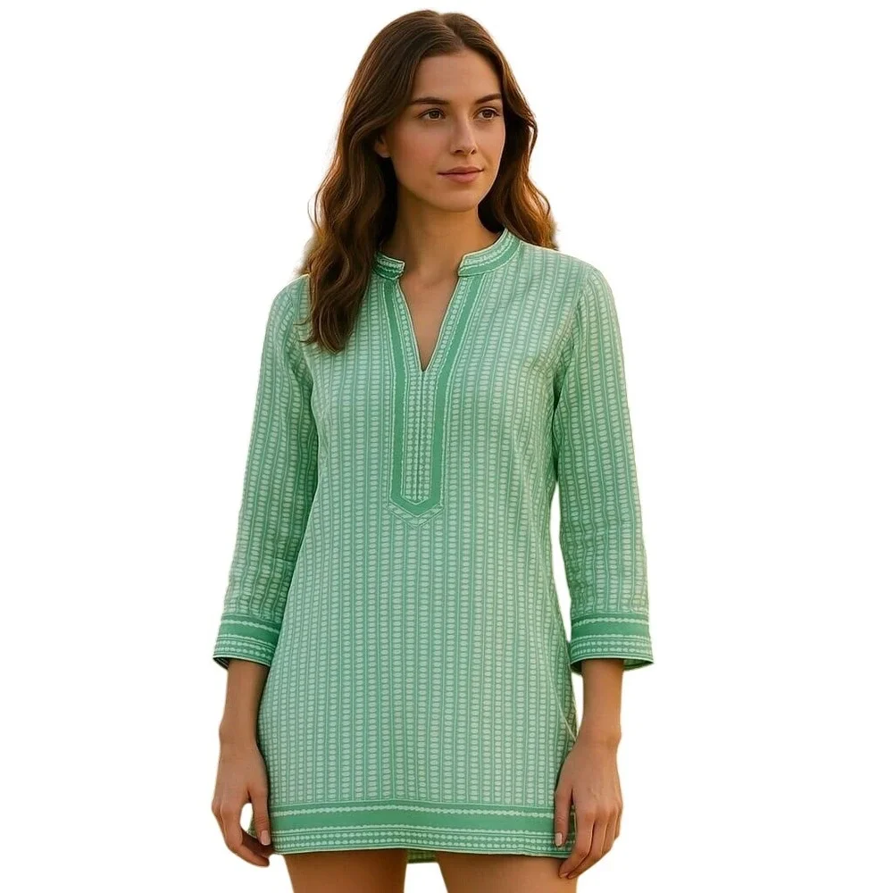 Tory Burch Mint Green Geometric Print Tunic Top 100% Cotton‎ Beach Cover Up XS